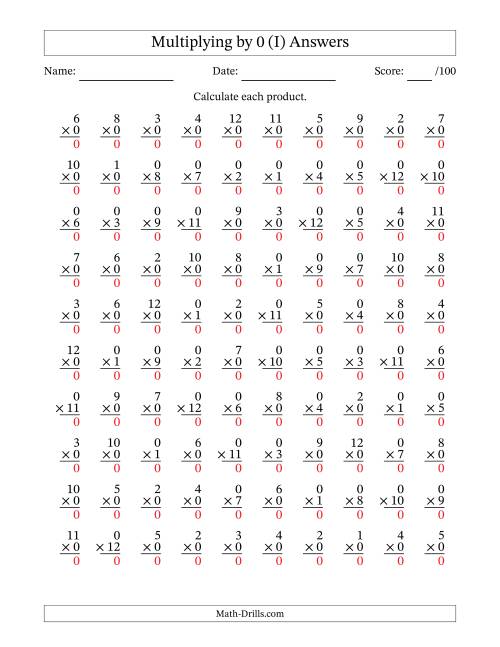 The Multiplying (1 to 12) by 0 (100 Questions) (I) Math Worksheet Page 2