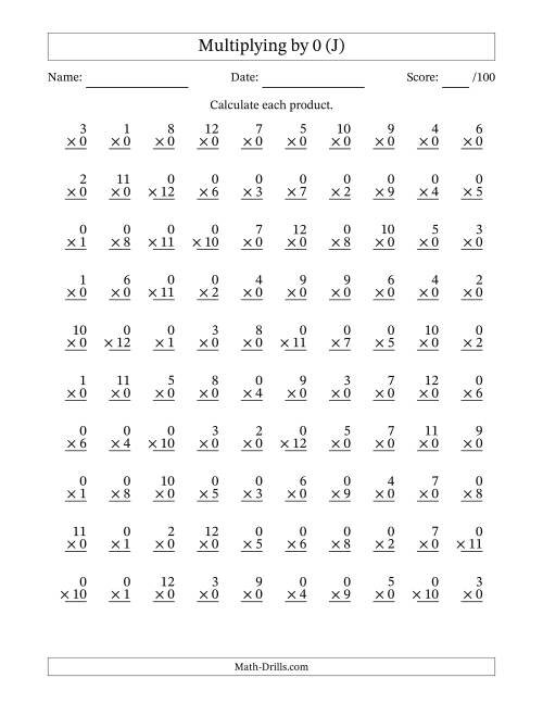 The Multiplying (1 to 12) by 0 (100 Questions) (J) Math Worksheet