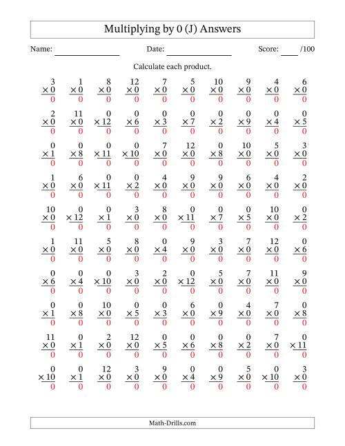 The Multiplying (1 to 12) by 0 (100 Questions) (J) Math Worksheet Page 2