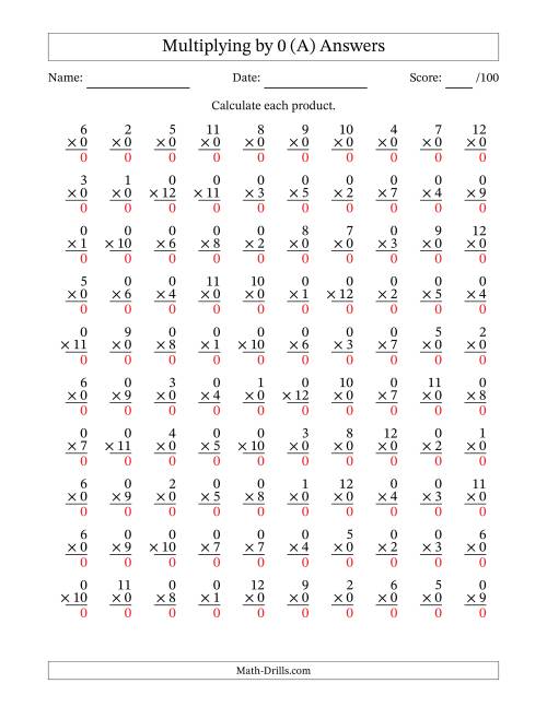 The Multiplying (1 to 12) by 0 (100 Questions) (All) Math Worksheet Page 2