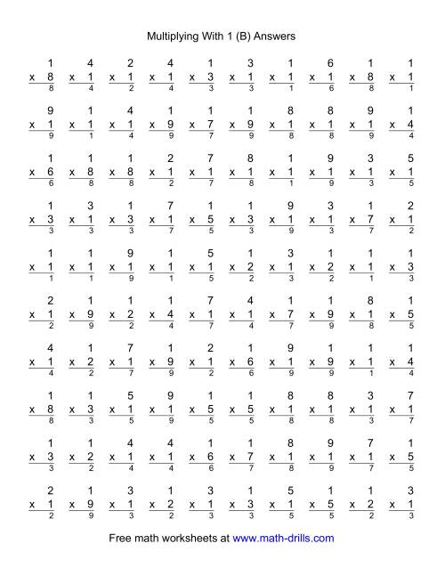 The 100 Vertical Questions -- Multiplication Facts -- 1 by 1-9 (B) Math Worksheet Page 2