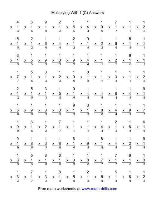 The 100 Vertical Questions -- Multiplication Facts -- 1 by 1-9 (C) Math Worksheet Page 2