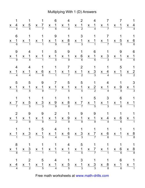 The 100 Vertical Questions -- Multiplication Facts -- 1 by 1-9 (D) Math Worksheet Page 2