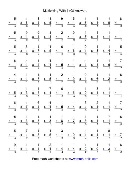 The 100 Vertical Questions -- Multiplication Facts -- 1 by 1-9 (G) Math Worksheet Page 2
