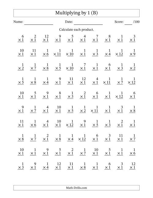 The Multiplying (1 to 12) by 1 (100 Questions) (B) Math Worksheet