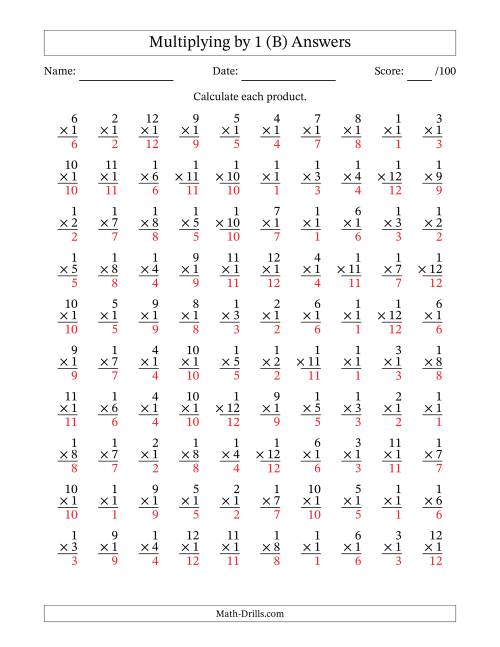 The Multiplying (1 to 12) by 1 (100 Questions) (B) Math Worksheet Page 2