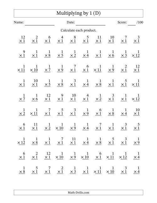 The Multiplying (1 to 12) by 1 (100 Questions) (D) Math Worksheet
