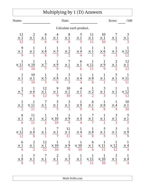 The Multiplying (1 to 12) by 1 (100 Questions) (D) Math Worksheet Page 2