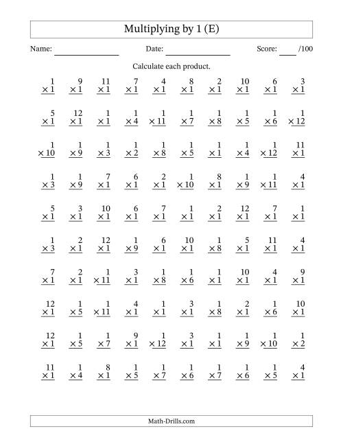 The Multiplying (1 to 12) by 1 (100 Questions) (E) Math Worksheet