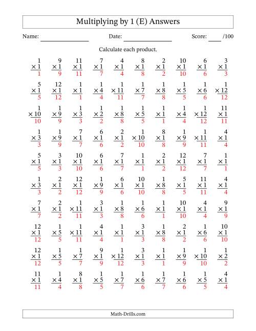 The Multiplying (1 to 12) by 1 (100 Questions) (E) Math Worksheet Page 2