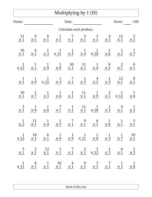 The Multiplying (1 to 12) by 1 (100 Questions) (H) Math Worksheet