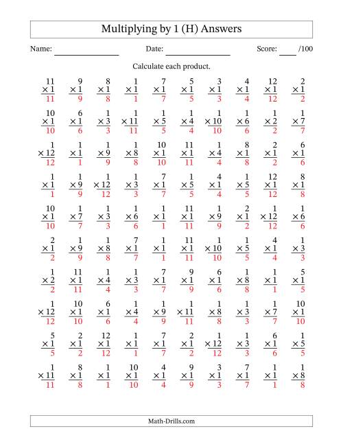 The Multiplying (1 to 12) by 1 (100 Questions) (H) Math Worksheet Page 2
