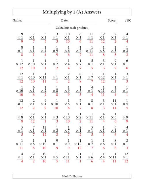 The Multiplying (1 to 12) by 1 (100 Questions) (All) Math Worksheet Page 2