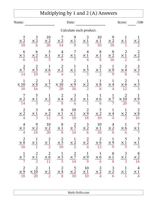 The Multiplying (1 to 10) by 1 and 2 (100 Questions) (All) Math Worksheet Page 2