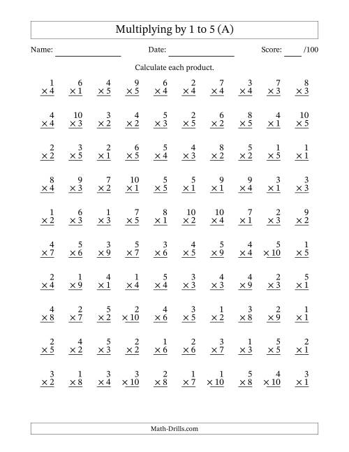 100 Vertical Questions Multiplication Facts 1 5 By 1 10 A Multiplication Worksheet