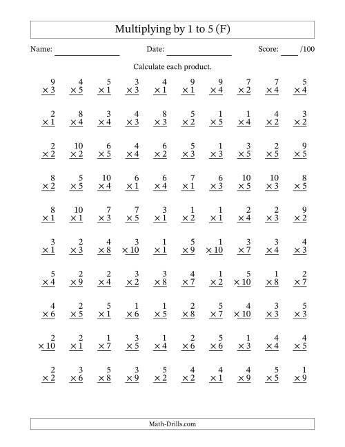 The Multiplying (1 to 10) by 1 to 5 (100 Questions) (F) Math Worksheet