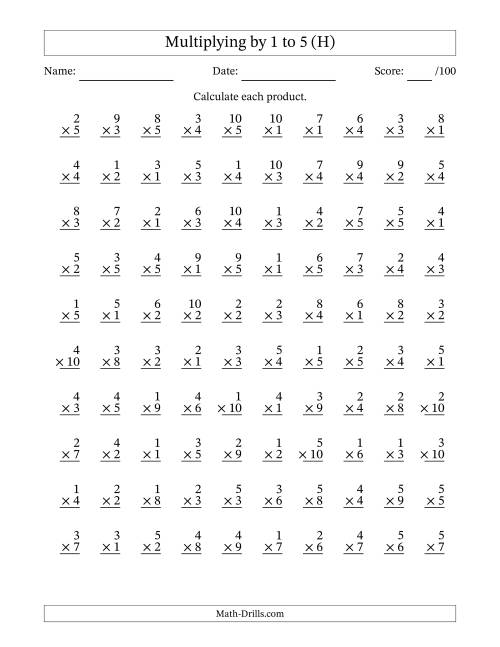 The Multiplying (1 to 10) by 1 to 5 (100 Questions) (H) Math Worksheet