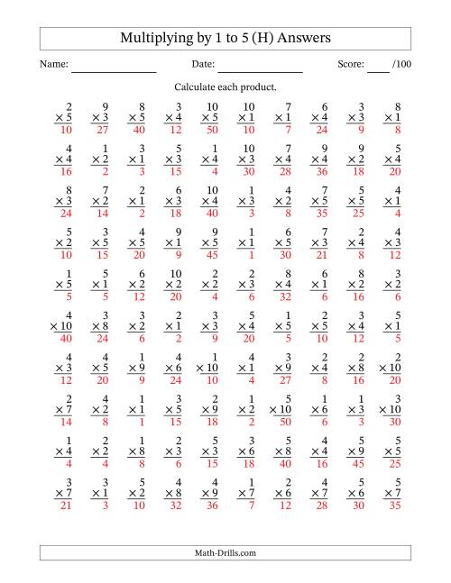 The Multiplying (1 to 10) by 1 to 5 (100 Questions) (H) Math Worksheet Page 2
