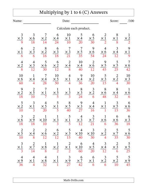The Multiplying (1 to 10) by 1 to 6 (100 Questions) (C) Math Worksheet Page 2