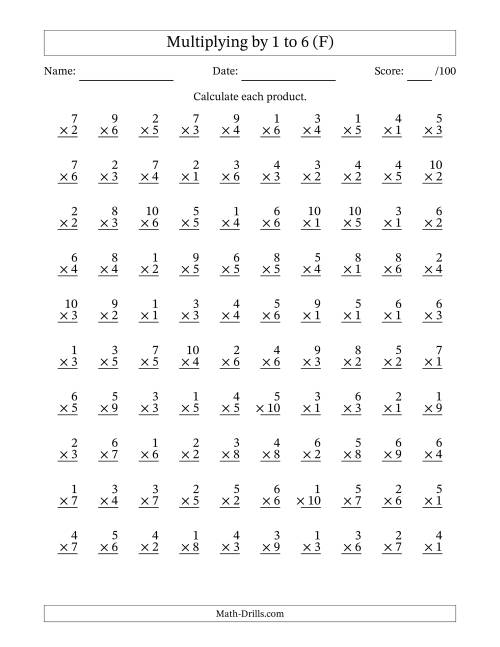 The Multiplying (1 to 10) by 1 to 6 (100 Questions) (F) Math Worksheet