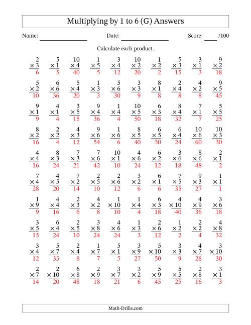 The Multiplying (1 to 10) by 1 to 6 (100 Questions) (G) Math Worksheet Page 2