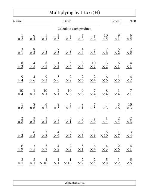 The Multiplying (1 to 10) by 1 to 6 (100 Questions) (H) Math Worksheet