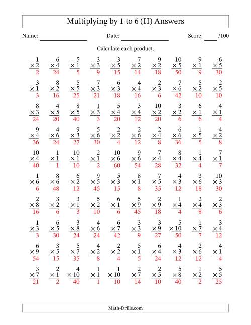 The Multiplying (1 to 10) by 1 to 6 (100 Questions) (H) Math Worksheet Page 2