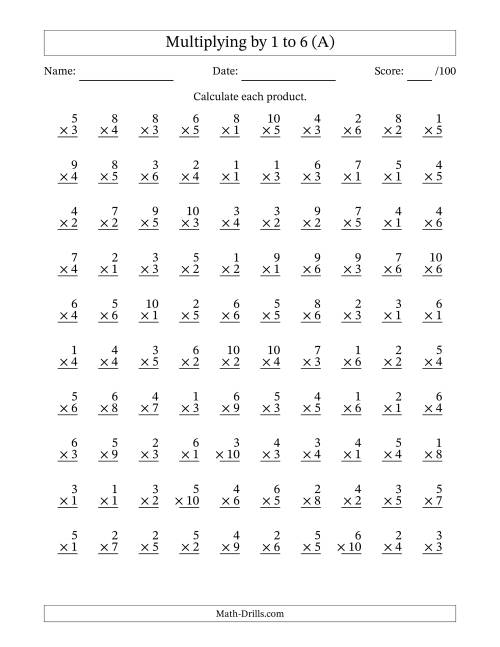 The Multiplying (1 to 10) by 1 to 6 (100 Questions) (All) Math Worksheet