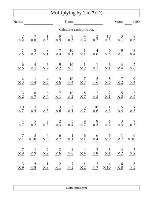 The Multiplying (1 to 10) by 1 to 7 (100 Questions) (D) Math Worksheet