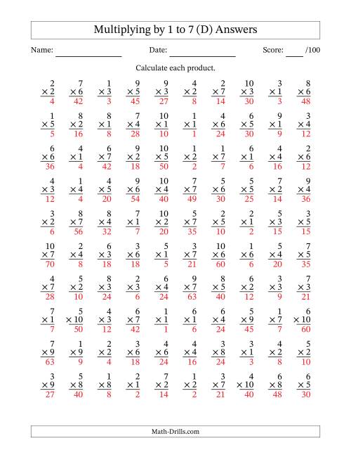 The Multiplying (1 to 10) by 1 to 7 (100 Questions) (D) Math Worksheet Page 2