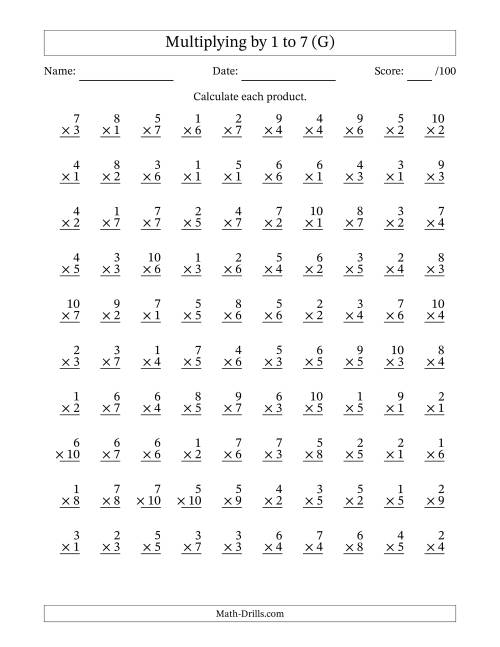 The Multiplying (1 to 10) by 1 to 7 (100 Questions) (G) Math Worksheet