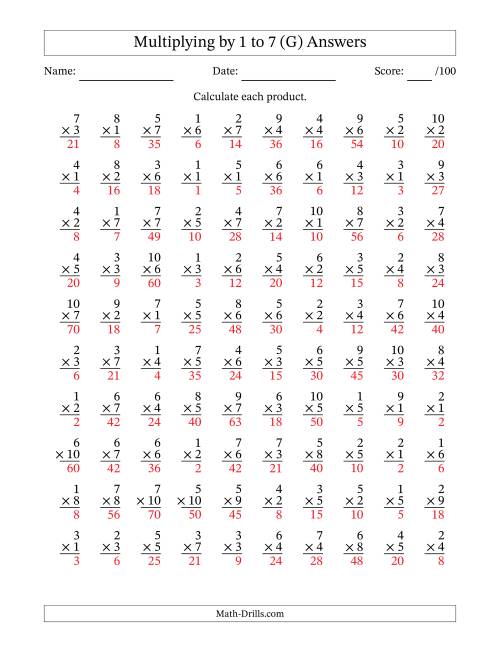 The Multiplying (1 to 10) by 1 to 7 (100 Questions) (G) Math Worksheet Page 2