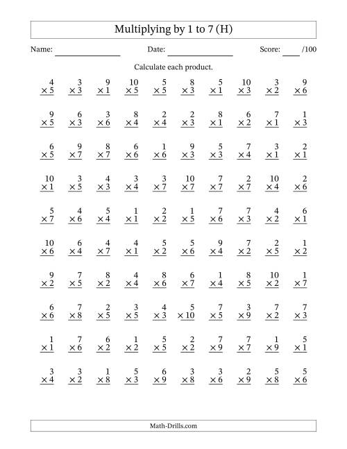 The Multiplying (1 to 10) by 1 to 7 (100 Questions) (H) Math Worksheet