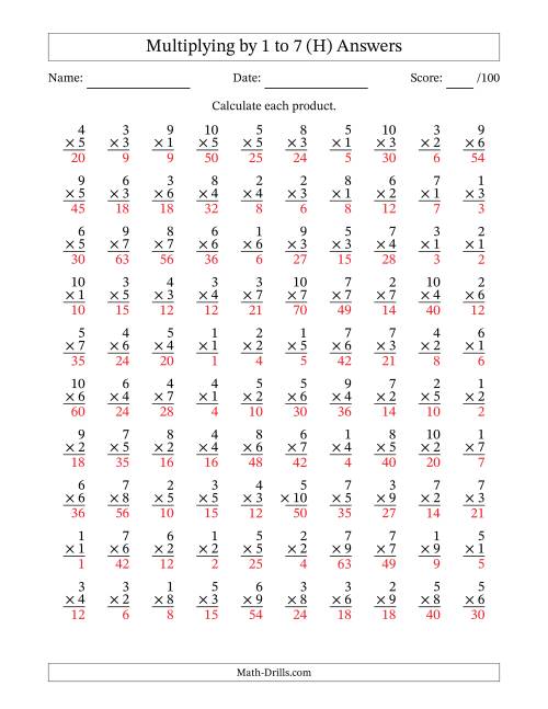 The Multiplying (1 to 10) by 1 to 7 (100 Questions) (H) Math Worksheet Page 2