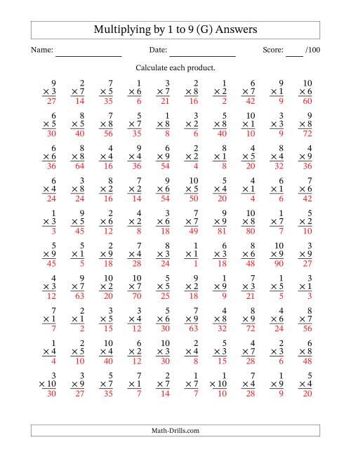 The Multiplying (1 to 10) by 1 to 9 (100 Questions) (G) Math Worksheet Page 2