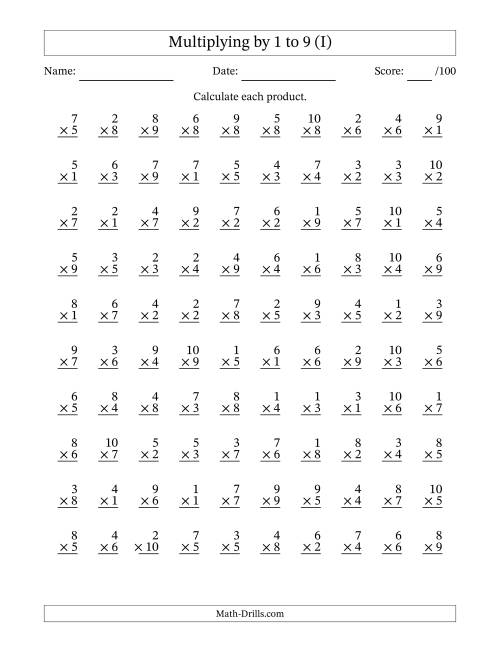The Multiplying (1 to 10) by 1 to 9 (100 Questions) (I) Math Worksheet