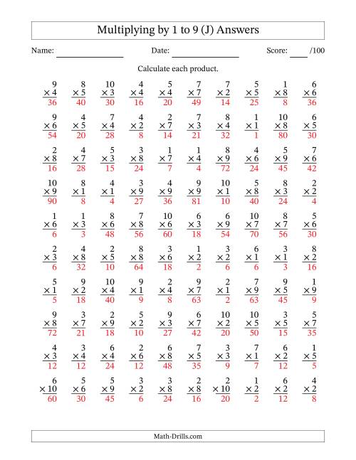 The Multiplying (1 to 10) by 1 to 9 (100 Questions) (J) Math Worksheet Page 2