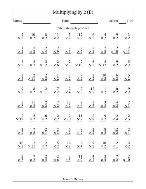 The Multiplying (1 to 12) by 2 (100 Questions) (B) Math Worksheet