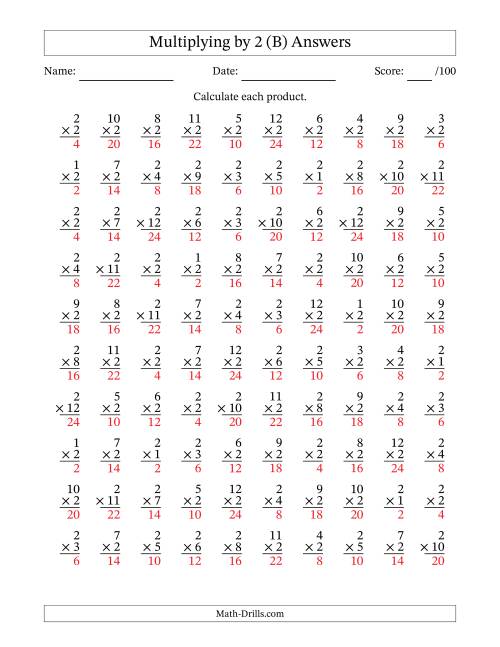 The Multiplying (1 to 12) by 2 (100 Questions) (B) Math Worksheet Page 2