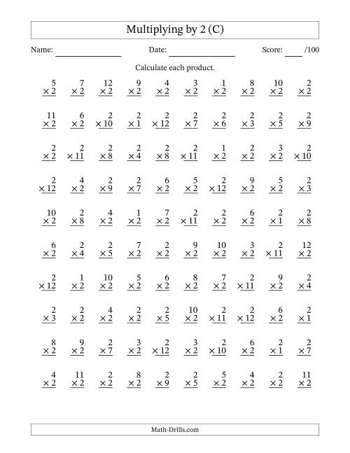 The Multiplying (1 to 12) by 2 (100 Questions) (C) Math Worksheet