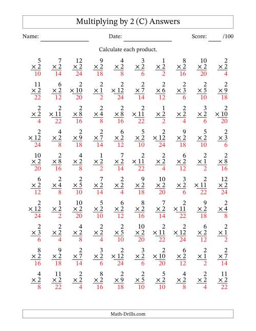 The Multiplying (1 to 12) by 2 (100 Questions) (C) Math Worksheet Page 2
