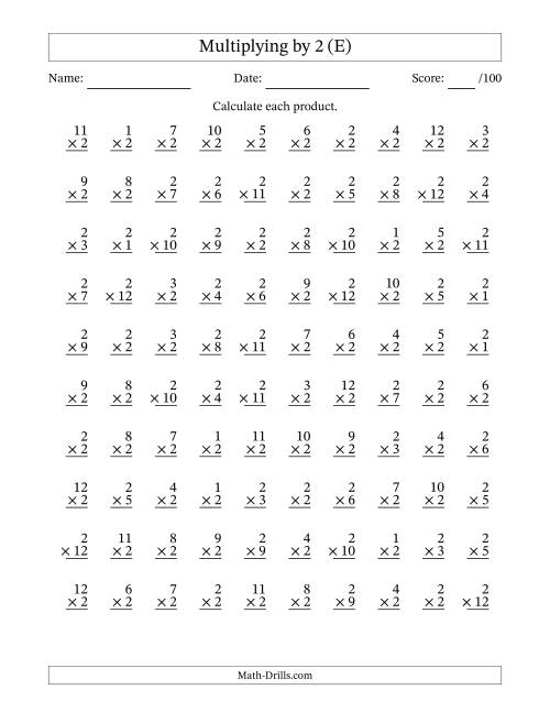 The Multiplying (1 to 12) by 2 (100 Questions) (E) Math Worksheet