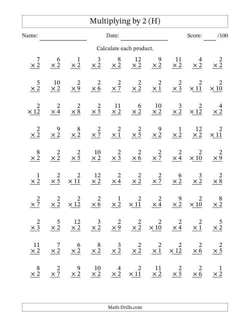 The Multiplying (1 to 12) by 2 (100 Questions) (H) Math Worksheet