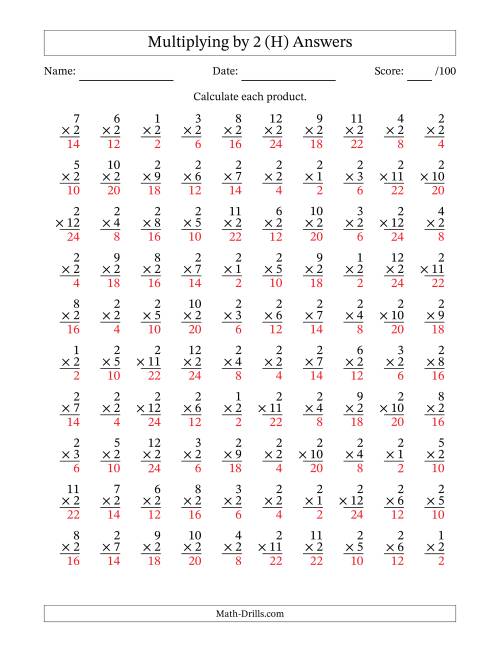The Multiplying (1 to 12) by 2 (100 Questions) (H) Math Worksheet Page 2