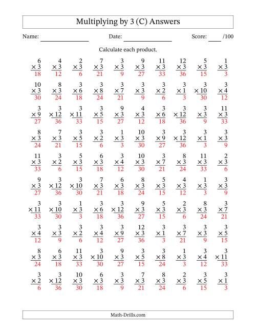 The Multiplying (1 to 12) by 3 (100 Questions) (C) Math Worksheet Page 2