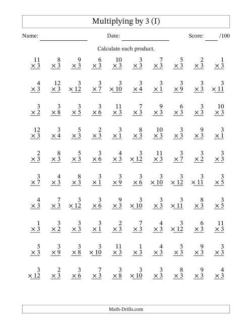 The Multiplying (1 to 12) by 3 (100 Questions) (I) Math Worksheet