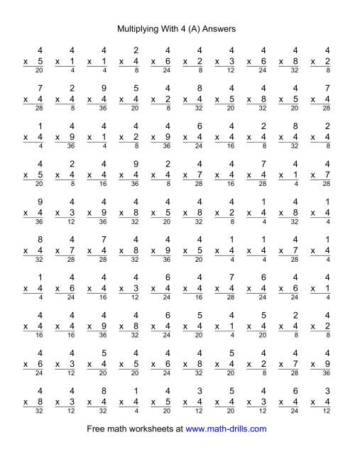 The 100 Vertical Questions -- Multiplication Facts -- 4 by 1-9 (A) Math Worksheet Page 2