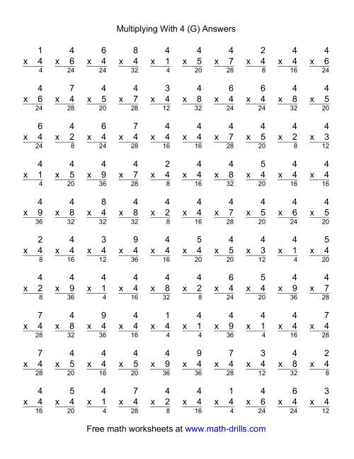 The 100 Vertical Questions -- Multiplication Facts -- 4 by 1-9 (G) Math Worksheet Page 2