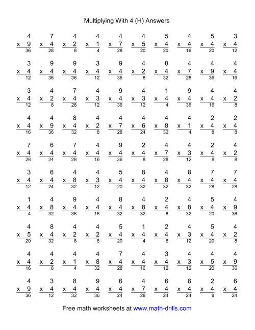 The 100 Vertical Questions -- Multiplication Facts -- 4 by 1-9 (H) Math Worksheet Page 2