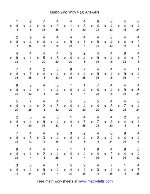 The 100 Vertical Questions -- Multiplication Facts -- 4 by 1-9 (J) Math Worksheet Page 2